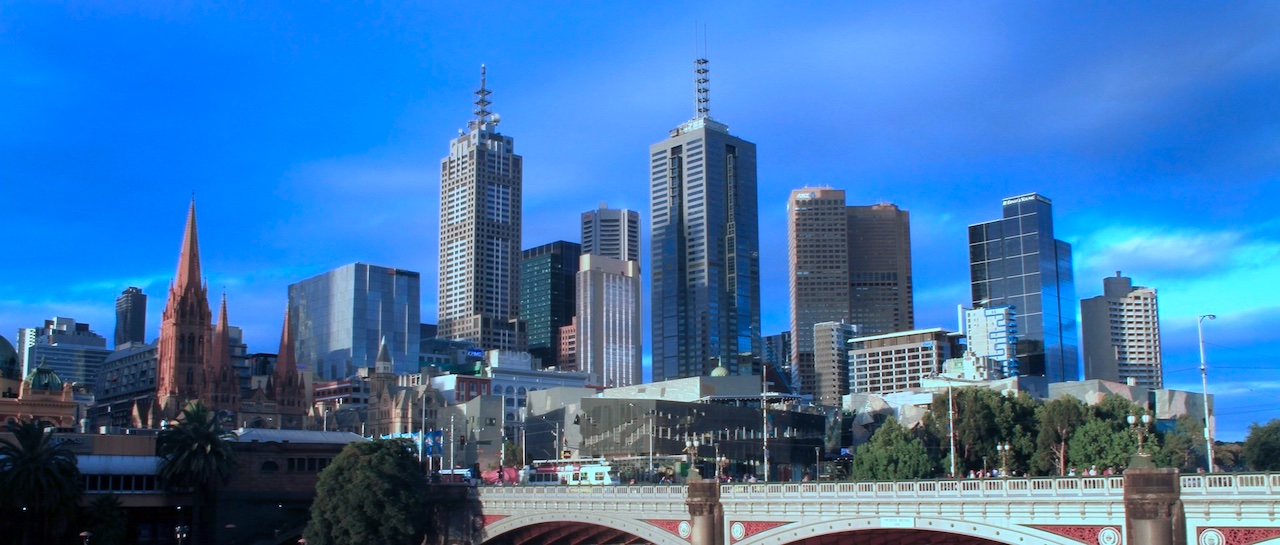 Melbourne Skyline taken from Southbank with St Kilda bridge and Federation Square as the central point