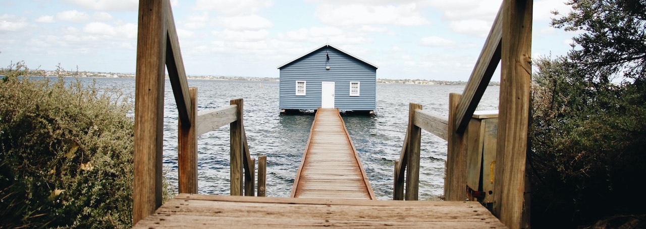 Low-angle front-view of the Perth boathouse