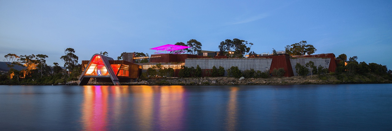 Wide shot of Museum of Old and New Art from the water